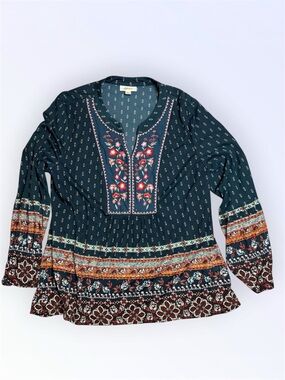 Style & Co. Teal Floral Embroidered Boho Peasant Tunic Sz L